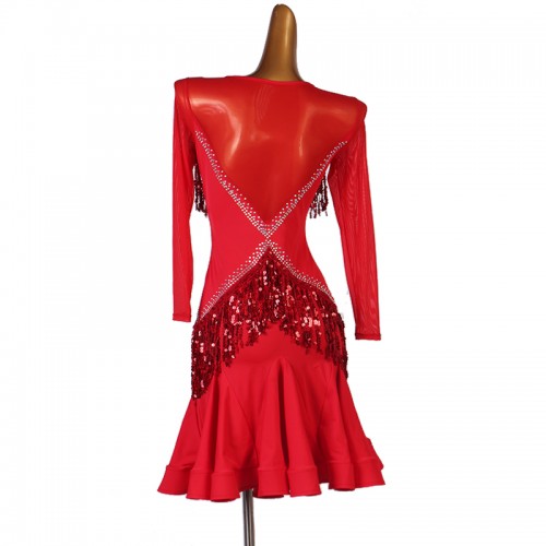 Red Sequined tassels Latin dance dress for women girls stage performance competition suit professional Rumba Chacha dance skirt Jitba dance dresses
